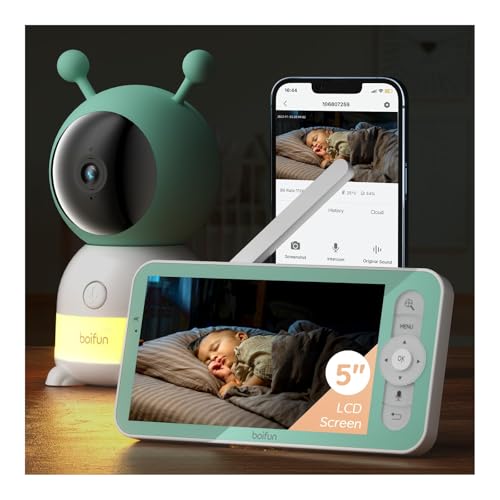 Boifun 2K 2.4GHz WiFi Baby Monitor Phone App & 5 Screen Control Smart Night Light Night Vision Cry Motion Sound Detect 360 Camera Smartphone PTZ Auto-tracking Humidity Temperature 4X Zoom