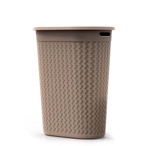 Image of KOLORR Stitch Laundry Basket 55L Woven Design Plastic Laundry Basket with Lid - Durable Organizer for Clothes, Towels, Laundry & Home Storage Pack of 1 With Lids - Light Brown