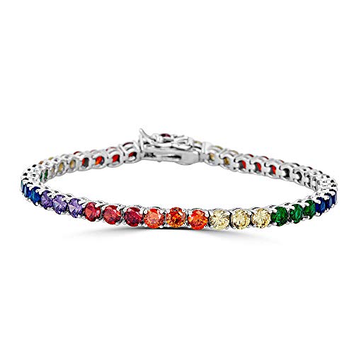 Harlembling Real Solid 925 Sterling Silver Mens Or Womens Multi Colored Tennis Bracelet - 4mm Rainbow CZ - 6-9  (9)