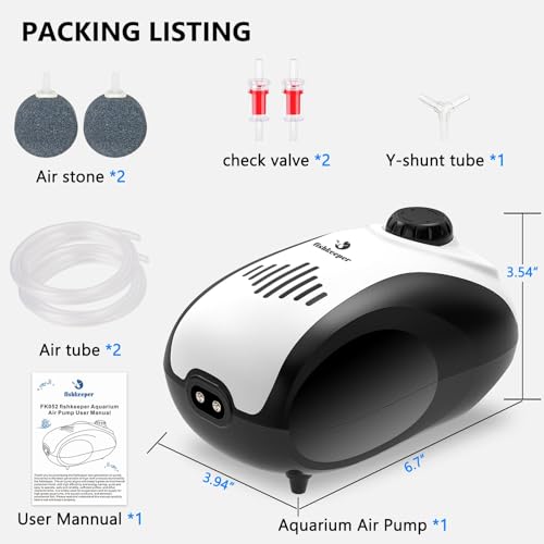 Image of fishkeeper Aquarium Air Pump, 4W /5W Fish Tank Air Pump Adjustable Air Valve Quiet Bubbler Aerator Pump with Air Stone /Tubing /Check Valve Up to 160 Gallon