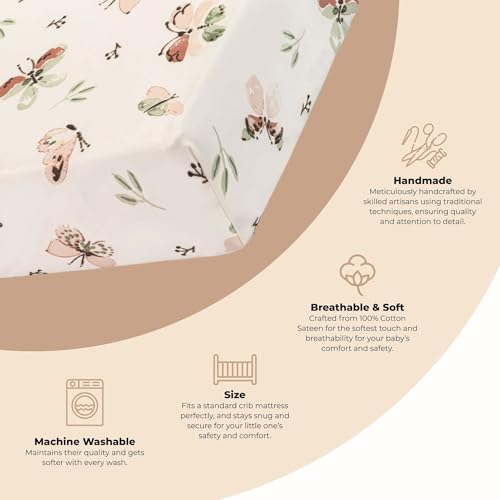 Image of Crane Baby Crib Sheet - 100% Cotton, Breathable Fitted Sheet for Standard Crib Mattress (28 inchx 52 inch), Butterfly Pattern for Boys and Girls