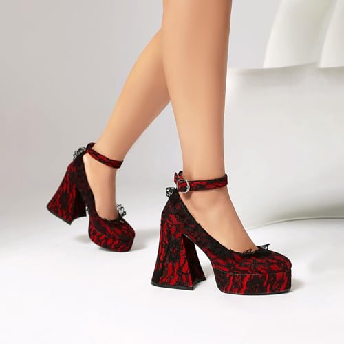 Image of KOKOMOMO Womens Lace Flower Heels Goth Platform Shoes Chunky High Heel Mary Janes Gothic Shoe