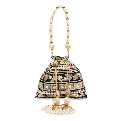 Image of LONGING TO BUY Indian Embroidered Pearl Potli Bag For Women, Sequence Design with Tassel, Wedding Potli Bags