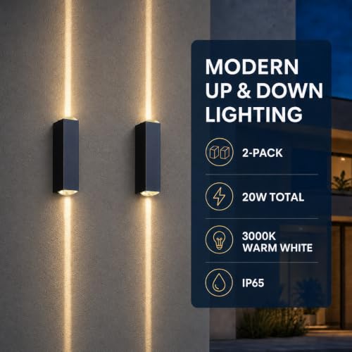 Image of 2-Pack LED Outdoor Wall Lights, 20W Total, 3000K, IP65, Black | 2-Pack Modern Wall Lights with Warm Up-and-Down Beams, Integrated LED, IP65 Protection and Aluminum Bodies