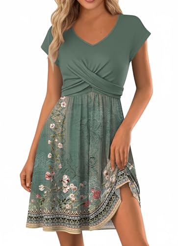 SAUKOLE Summer Dress for Women 2026 Fashion Twist Front Short Sleeve Dress Casual V Neck Short Dresses
