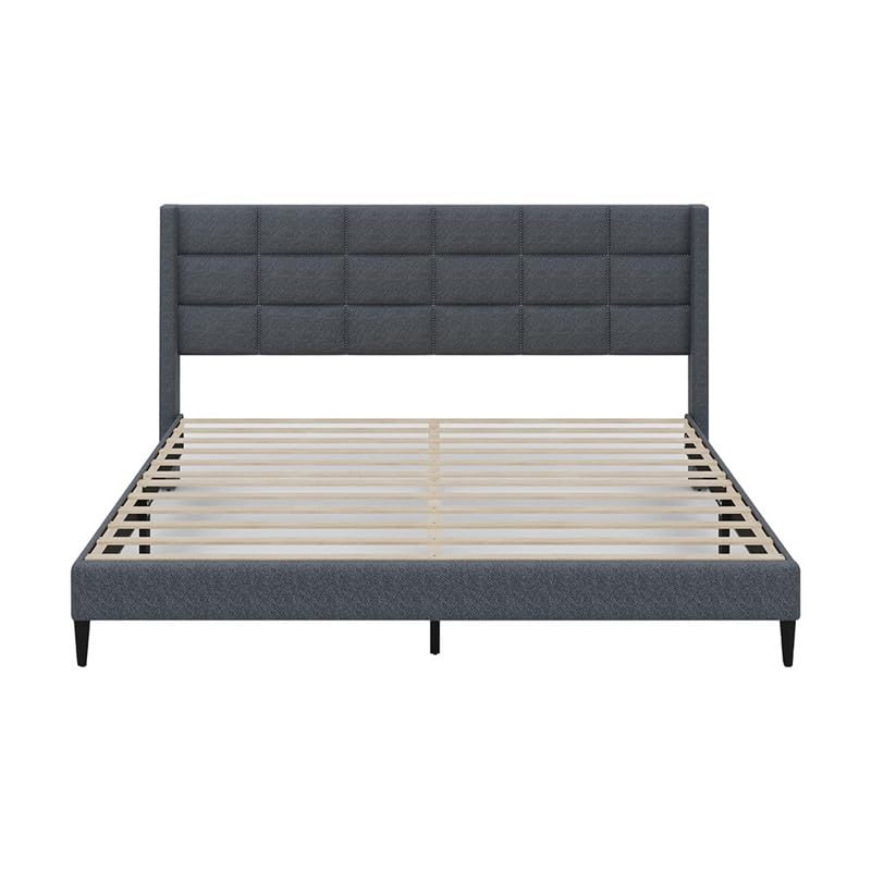 Image of Amazon Brand - Solimo Wood and Fabric Woke Upholstered King Size Bed Without Storage | Wooden Frame, Linen Fabric Headboard, Modern Design, Strong, Durable Furniture for Bedroom, Livingroom (Grey)