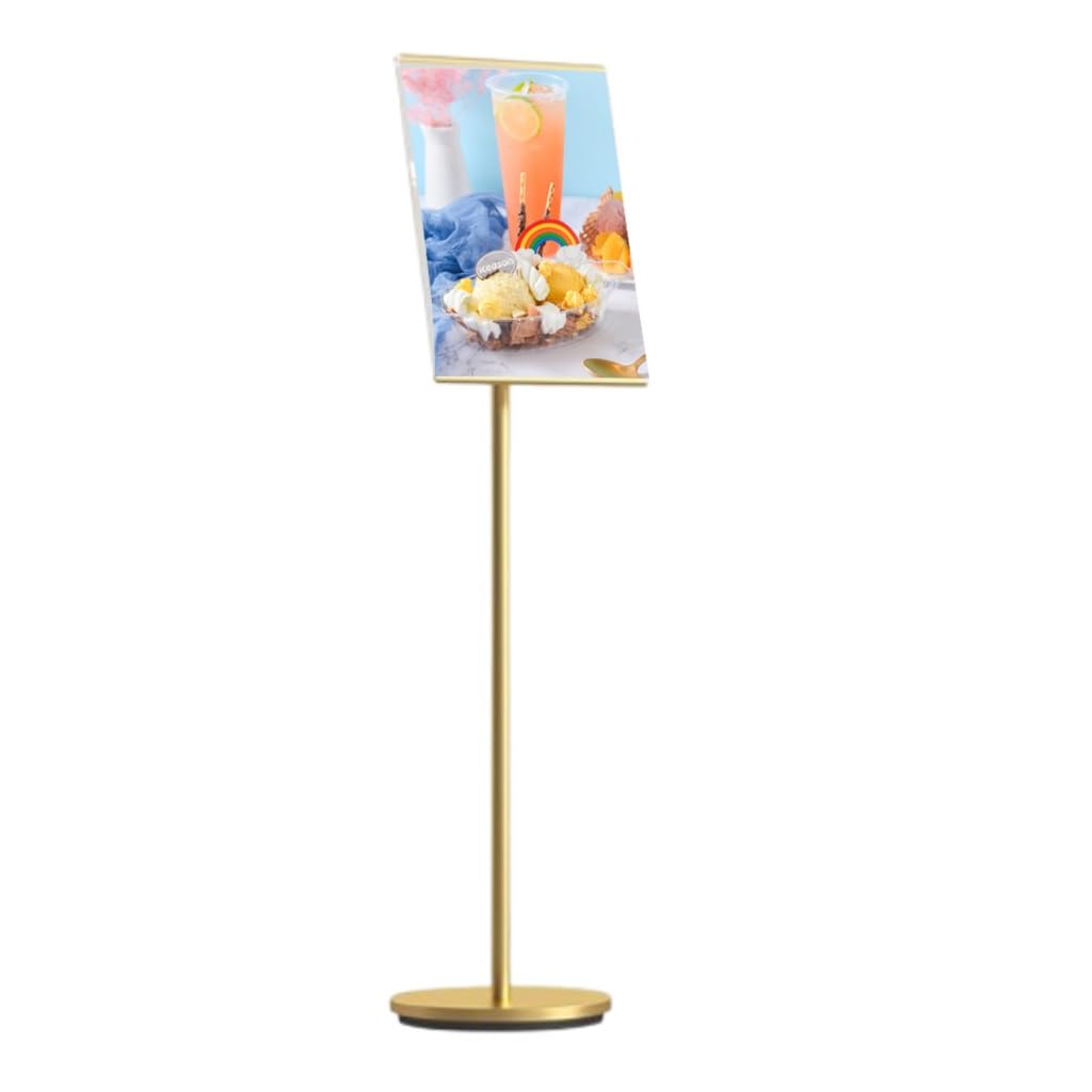 WIGSELBL Metal Sign Holder Stand Poster Stand with Round Base,Adjustable Sign Holder Standing Floor Sign Stand for Office/Store/School Sign Displayed Stands(Gold,A4)