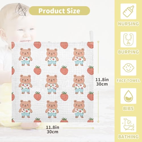 vvfelixl Kawaii Bear Strawberry Baby Burp Cloths Baby Muslin Washcloths for Boys Girls Cotton Babys Face Towel for Newborn Infants Soft and Absorbent 11.8 X 11.8 in, 5 Pack4