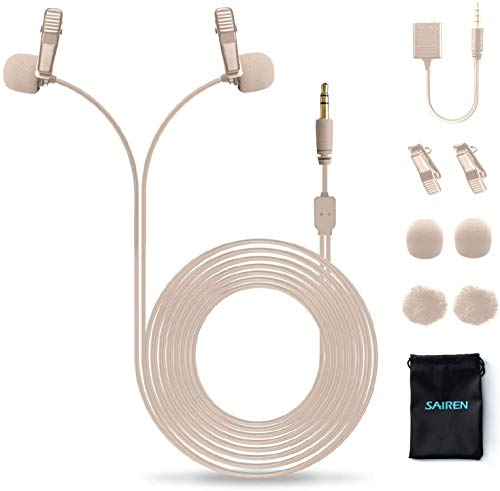 SAIREN D.Lav Lavalier Microphone 3.5mm, 19 Feet Dual Head Omnidirectional Condenser Mic Compatible for iPhone Smartphone Desktop PC Computer, DSLR, Sony Canon Nikon for Vlog YouTube Interview