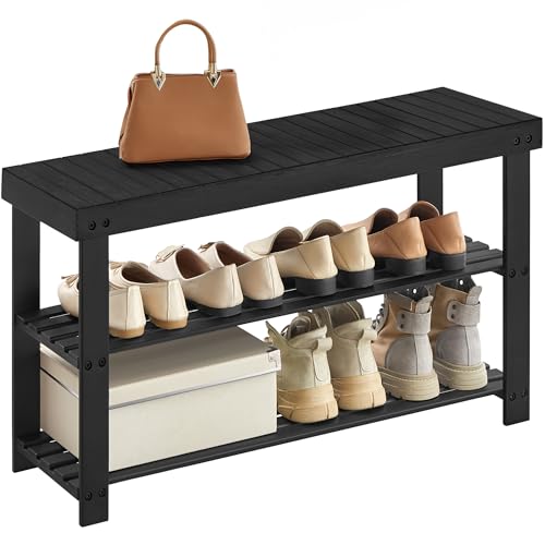 SONGMICS Shoe Rack Bench, 3-Tier Bamboo Shoe Storage Organizer, Entryway Bench, Holds Up to 286 lb, 11.3 x 35.4 x 17.8 Inches, for Entryway Bathroom Bedroom, Ink Black ULBS90B33