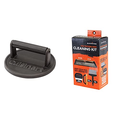 Cuisinart Smashed Burger Press, Cast Iron CISB-111 & Blackstone 5060 Grill & Griddle Kit 8 Pieces Premium Flat Top Grill Accessories Cleaner Tool Set, Black