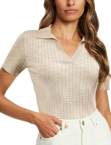 CiCiBird Womens Short Sleeve Polo Sweater Casual V Neck Knit Blouses Ribbed Slim Fit Pullover Tops