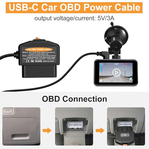Giantdeer USB C Auto OBD Stromkabel, Typ C OBD2 StromkabelAdapter mit Schalter Button, 2 Modi, 12V-36V zu 5V/3A, unterstützt 24 Stunden Überwachung, OBD Stromkabel für Dash Kamera GPS DVR (3.5M)