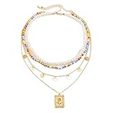 ELABEST Layered Pearl Necklace Gold Colorful Beaded Chain Sequins Pendent Beach Party Nightclub Cost