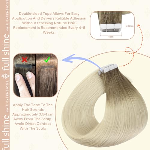 Image of Full Shine Tape in Extensions, Brown Root Platinum Blonde 14 Inch | 50g 20PCS, Seamless Skin Weft Tape in Hair Extensions Human Hair, Invisible Straight Finish Soft Texture Everyday Wear