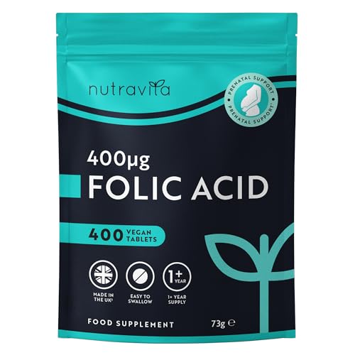 Ácido Fólico 400 mcg - 400 Tabletas Veganas - Vitamina B9 - Suministro 13meses - Función normal del sistema inmunológico y crecimiento del tejido materno durante el embarazo - Nutravita