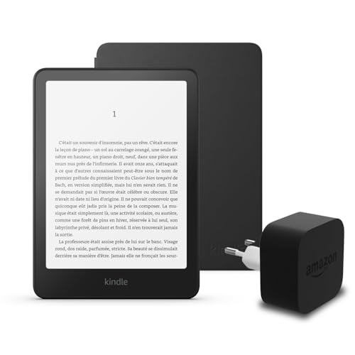 Le dernier Kindle Paperwhite (version 2024) 16 GB sans publicité, une housse en tissu Amazon et un adaptateur secteur Amazon Powerfast 9 W.