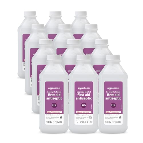 Amazon Basics 91% Isopropyl Alcohol First Aid Antiseptic for Minor Cuts Scrapes and Infection Protection Unscented 16 fl oz 12-Pack