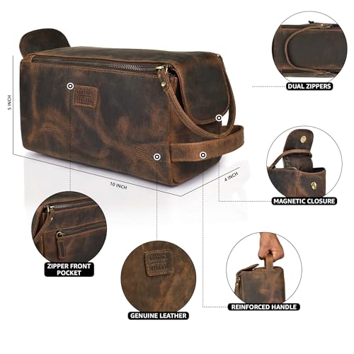 Premium Leather Travel Toiletry Bag - Water-Resistant Dopp Kit for Men & Women - Rustic Brown