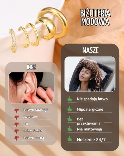 CASSIECA Kolczyki z Mankietami bez Piercingu, Kolczyki dla Kobiet Chunky Earcuff Kolczyki bez Otworu na Klips do Ciemienicy Kolczyki Klipsy Hipoalergiczne Prezent Biżuterii, Cyrkonia, Cyrkonia
