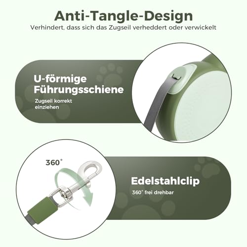 BMaobbo Einziehbare Hundeleine 8m, Rollleine mit bissfesten Stahlseil & Kottaschenhalter, Verhedderungsfreies Design, Schnellbremse & Anti-Rutsch Griff, für Hunde bis 50kg,für Training, Wald,Strand