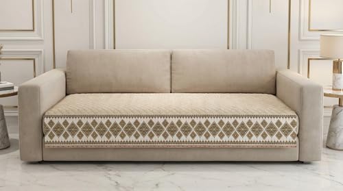 Image of Velvet Quilted Sofa Cover Mat Seat & Back, 2 Seater, L46in H32in, Beige Color,Anti Skid Backing, 6in Hanging Strap Design, Washable Soft, Anti Slip, Separate, Style -Beige-S2