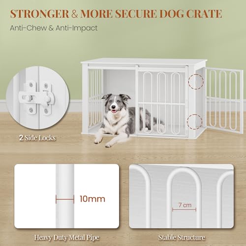 HEXCELEN Hundekäfig-Möbel aus Holz, 100 cm Hundebox für Zuhause, Hundekäfig mit 2 Türen, Schiebetüren, für Kleine, Mittlere Hunde, Robuster, Beistelltisch, 100 x 60 x 62,4 cm, Weiß