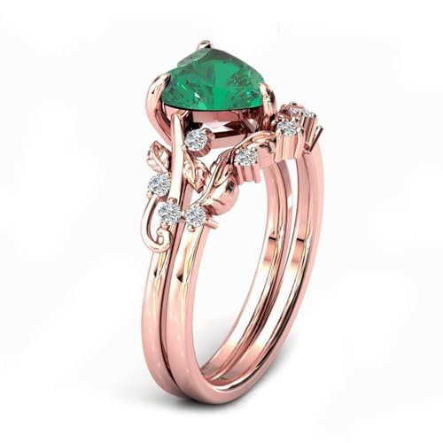 10K 14K 18K Gold Heart Emerald Engagement Ring Set for Women Leaf Art Deco Ring Set Heart Cut Vintage Vine Emerald Bridal Wedding Promise Ring Set Size4~152