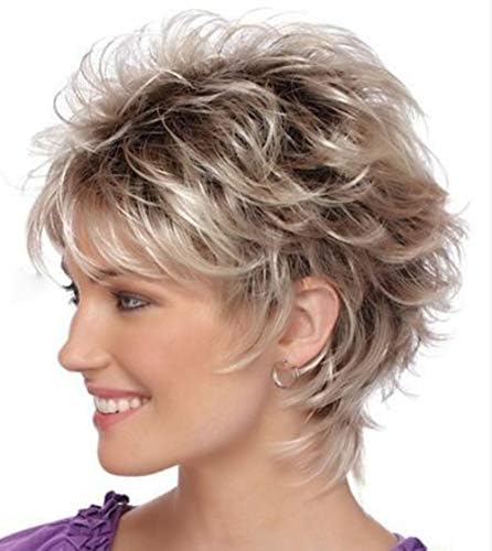 TISHINING Short Blonde Pixie Cut Wigs for White Women Dark Brown Ombre Blonde Synthetic Hair Wigs Natural Looking Wig