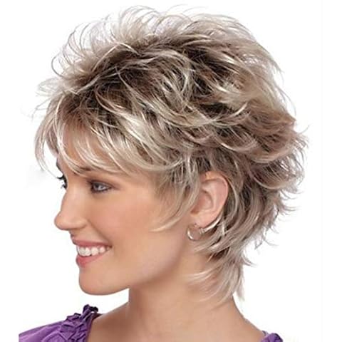 TISHINING Layered Short Blonde Pixie Wigs for White Women Dark Brown Ombre Blonde Pixie Cut Wig with Bangs Synthetic Natural Looking Daily Party Wig Cover