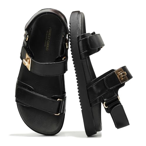 Project Cloud 100% Genuine Leather Platform Sandals Women Footwear - Comfortable Strappy Summer Sandals for Women 2026 - Memory Foam and Non-Slip Beach Slides (Mona, Blk, 7.5)