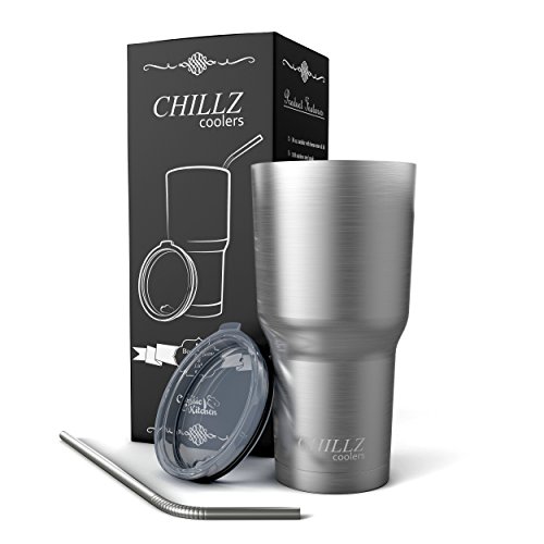 Chillz Travel Mug - Stainless Steel Insulated Tumbler Bundle With Bonus Straw and Lid - 30 oz