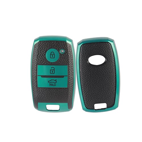Image of JVCV Premium Soft TPU Leather Pattern Key Cover Compatible with Kia Seltos Sonet 3 Button Push Start Car Key (Green Black)