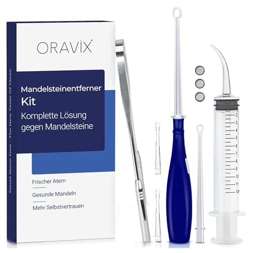 Tonsillensteinentferner-Set | Zur Entfernung und Verhinderung von Mandelsteinen | Gegen Mundgeruch | Lindert Halsschmerzen | Spritze, Tonsillenstein entferner mit LED-Licht und Zungenreiniger | ORAVIX