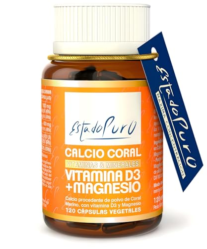 Calcio y Vitamina D Estado Puro | Calcio Coral Marino (1000 mg) + Vitamina D3 (400 UI) + Citrato de Magnesio (400 mg) | Huesos y Articulaciones Fuertes | 120 Cápsulas Vegetales de Tongil