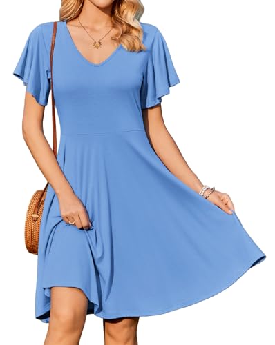 Zeagoo Kleid Damen Elegant Sommerkleider Knielang Freizeit Kleider V-Ausschnitt Strandkleid Lose Swing A-Linie Kleid Casual Blusenkleid Hellblau M