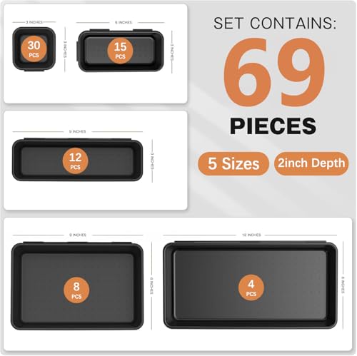 69PCS Large Plastic Interlocking Drawer Organizer, 5 Sizes Versatile Desk Drawer Organizer Trays, Drawer Dividers, Organization and Storage Bins for Tools,Office,Jewelries,Kitchen Utensils and Makeup - Image 3