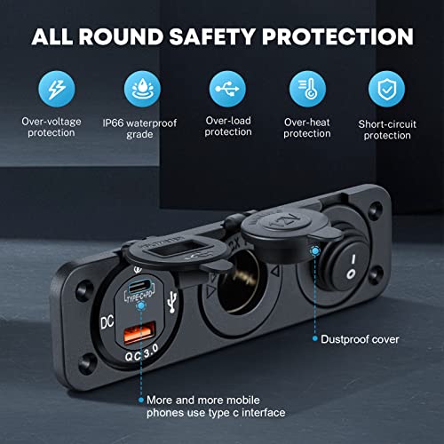Kohree 12V Power Outlet Socket, 3 in 1 200W Cigarette Lighter Socket with PD Type C 3.0 & QC 3.0 USB Charger Waterproof for Marine, Car, RV, Motorcycle, Boat, Golf, ATV, etc - Thumbnail 3