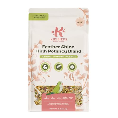 KikiBirds Feather Shine High Potency Blend with Bee Pollen & Freeze-Dried Sprouts - Premium Parrot Food for Molting Breeding & Growth - Omega Rich | 17.5% Plant Protein | USA-Made