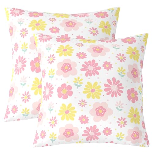 Manfei Cute Flower Kids Throw Pillow Cover,Watercolor Floral Garden Pillow Case,Cartoon Hand PaintBed Couch Sofa Cushion Cover,Pink Yellow Home Decor,2 Pack 20"x20"