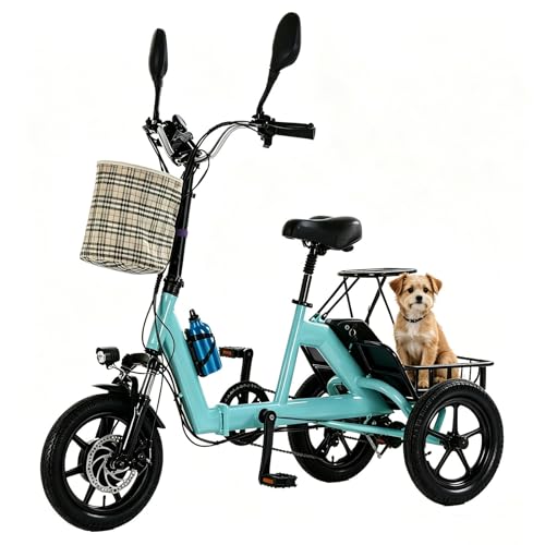 HZWJD Bicicleta Eléctrica De 3 Ruedas con Batería De Litio Extraíble,Triciclo Eléctrico Plegable,48 V/12 Ah,45 Km De Autonomía,Gran Cesta De La Compra Blue (No Backrest)