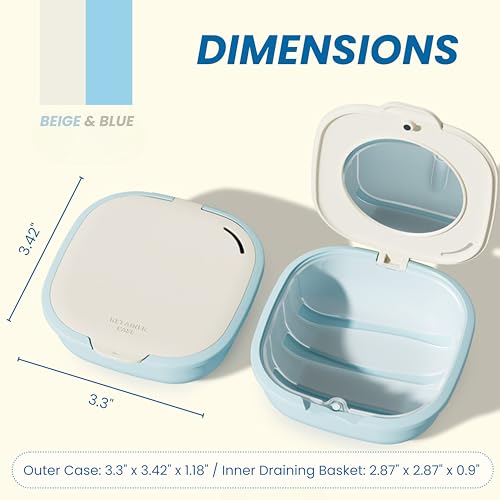 AHYUEE Retainer Case with Mirror and Vent Holes, Cute Slim Aligner Case Compatible with Invisalign, Magnetic Closure Orthodontic Case for Retainers and Mouth Guards (Beige & Blue) - Thumbnail 2