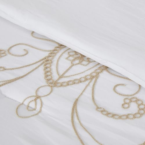 Image of Modern Threads Sabrina Embroidered Comforter Set - 5 Piece White Bed Set with Gold Detailing, Decorative Pillows & Shams, Luxuriously Soft Jacquard Bedding, Queen