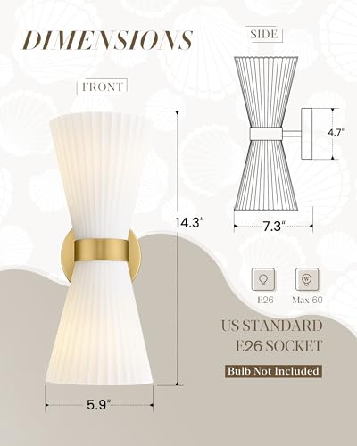 Image of Modern Wall Sconce Set of 2, HWH 2-Light Up Down Wall Light Indoor Vanity Wall Lamp, Brushed Gold Bathroom Vanity Sconce Frosted White Striped Glass Shade, 5HZG97B-2W-2PK BG