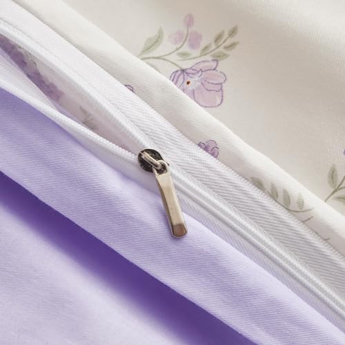 VM VOUGEMARKET Purple Flower Duvet Cover Set Twin Cotton 3 Pcs Girls White Lavender Comforter Cover with Zipper Closure,Romantic Duvet Cover + 2 Pillowcases for Spring