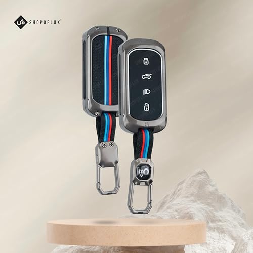 Image of SHOPOFLUX Metal Key Cover Compatible for Tata Curvv | Curvv EV Electric | Sierra | Safari | Harrier | 4 Button Smart Key Only (Metal Black Silicone)