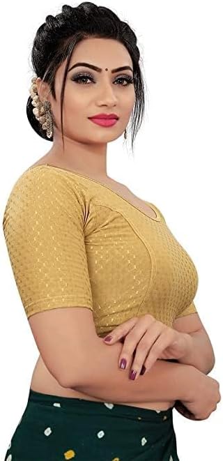Round Neck Dobby Cotton Lycra Stretchable Elbow Sleeve Readymade Saree Blouse for Women Stylish - Image 3