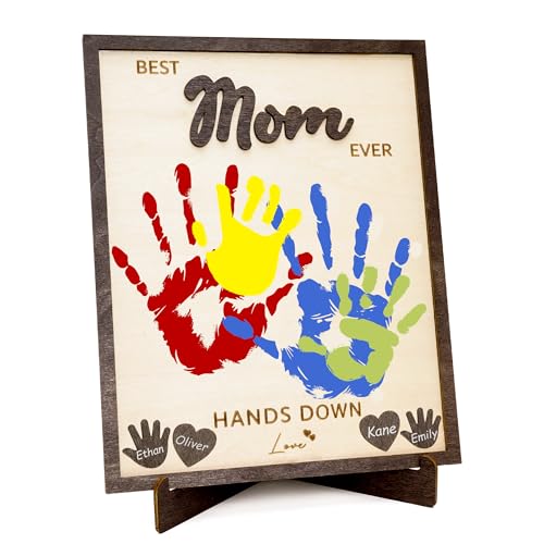 10" Craft Custom Mothers day gifts for mom from daughter / son - Personalized Best Mom Ever Hands Down Sign – Gifts for Mom from kids - Diy mothers day craft Handprint Gift from Kids, Personalized Best mom ever gifts