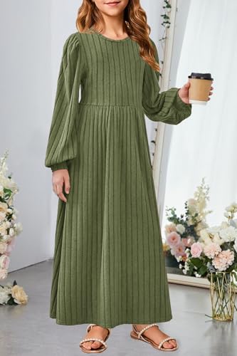YOVION Girls Sweater Dress Fall Winter Lantern Long Sleeve Crew Neck Casual Flowy Knit Maxi Dresses with Pockets for 6-12 Y4