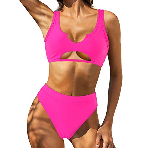 RUUHEE Women Cutout Cheeky High Waisted Tie Dye Sporty 2 Piece Bikini (M(US Size 6-8),0113Rose Red)